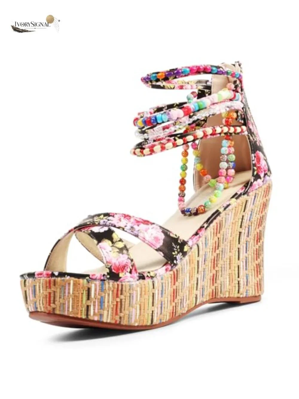 Women's Wedge Sandals with Pearls Platform High Heels Back Zipper